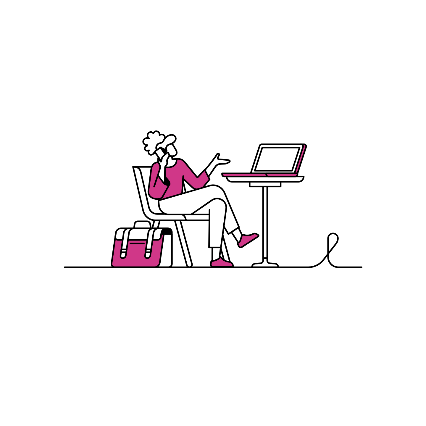 An illustration of someone talking on the phone, with a laptop in front of them