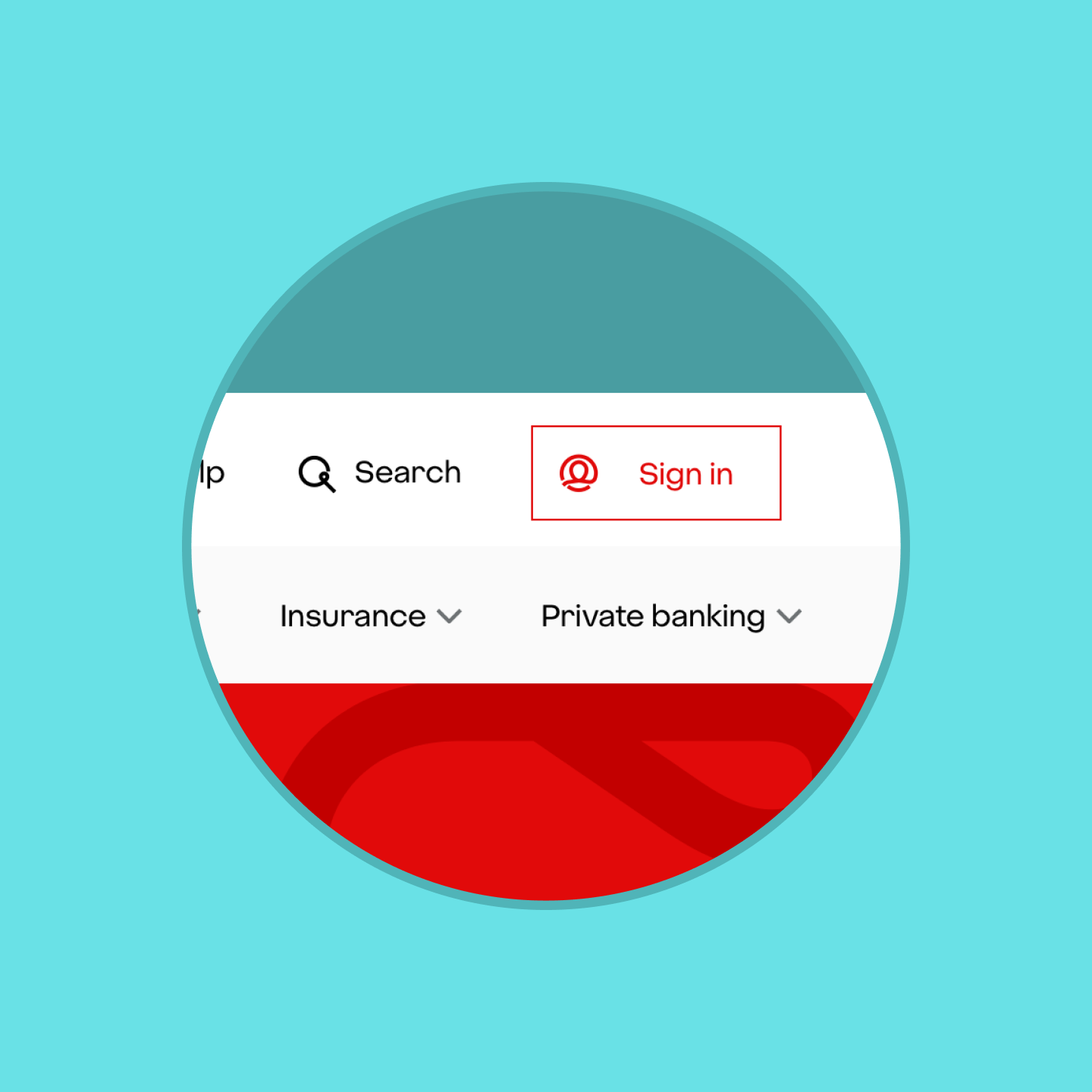 Zoomed-in view of the Virgin Money website header showing the Search icon, ‘Sign in’ button, and navigation links for Insurance and Private banking. 