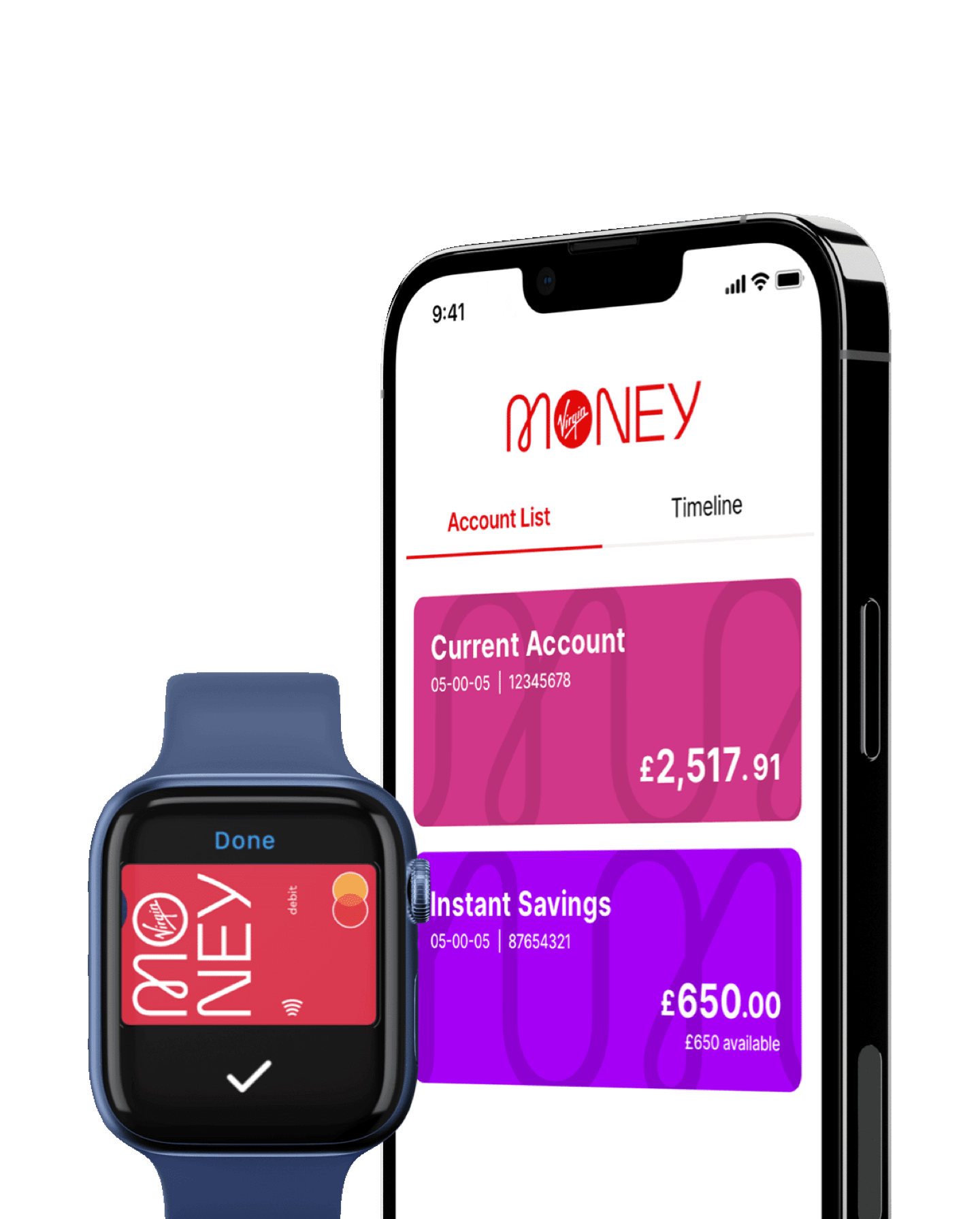 An iPhone show the Virgin Money App and an Apple watch showing a Virgin Money Direct Debit card 