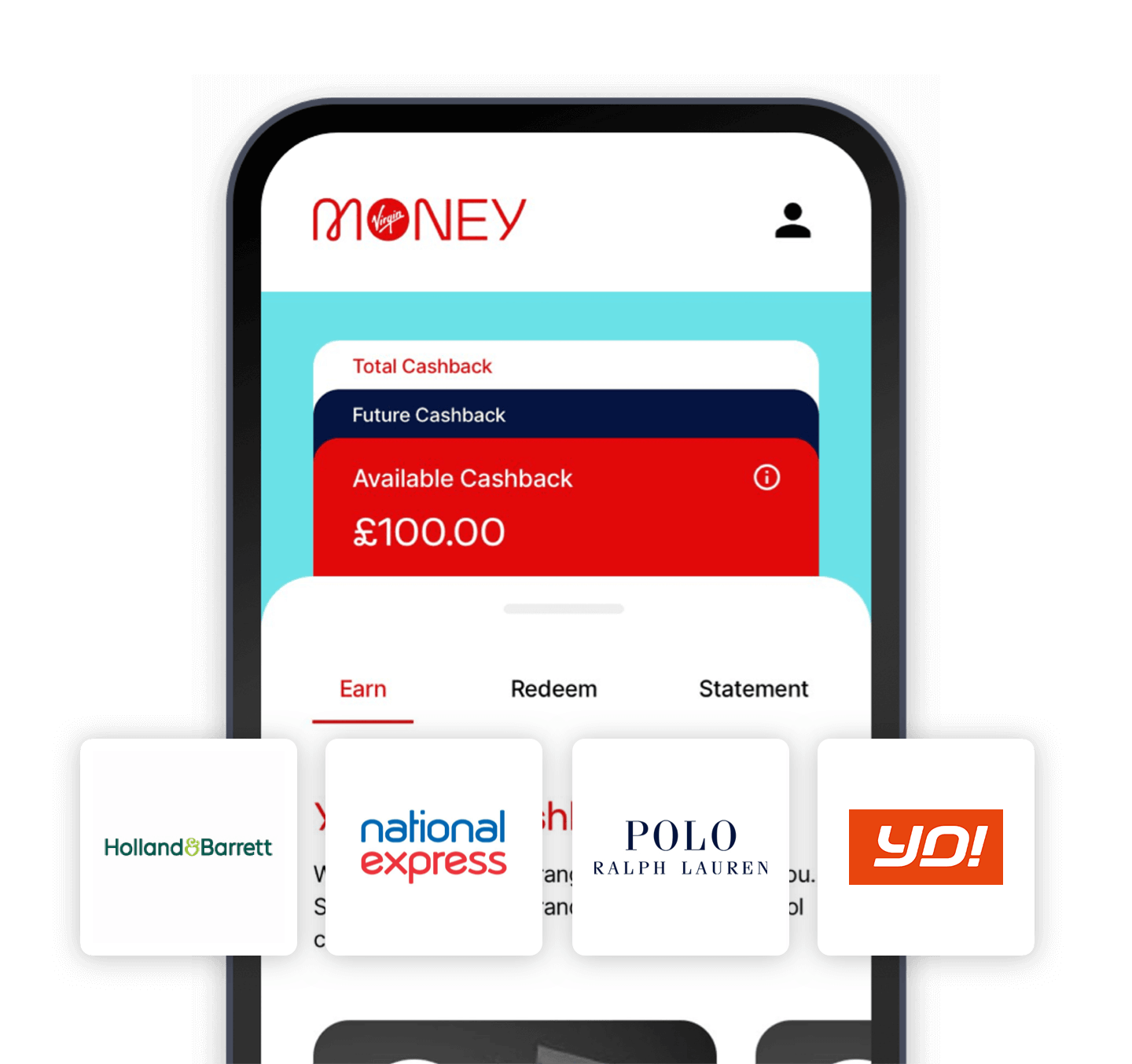 A phone screen showing the Virgin Money app below there are also four brands that work with cashback