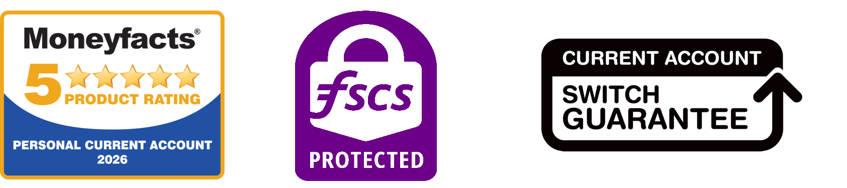 Current Account Switch Guarantee, FSCS Protected and Moneyfacts 2022-2024 Award for Best Current Account Provider badges