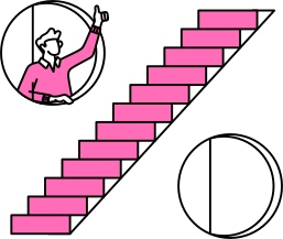 drawing of a man pointing up a pink stairway