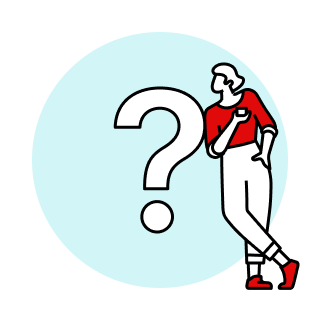 Illustration of a person in a red shirt with red shoes leaning against a giant question mark on a light blue circular background