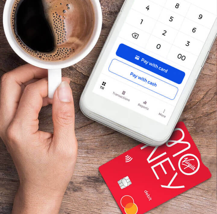 Person with coffee and card reader