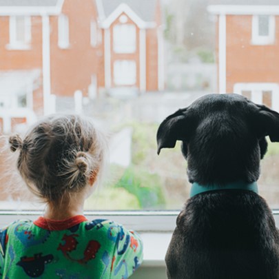 Child and their dog looking out a window.