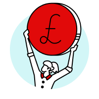 Illustration of a woman holding a big red pound coin above her head
