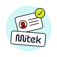 Illustration of a identification document with a green tick above it above the Mitek logo on a light blue circular background
