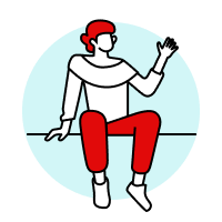 Illustration of a person sitting on a wall waving with red hair and red trousers