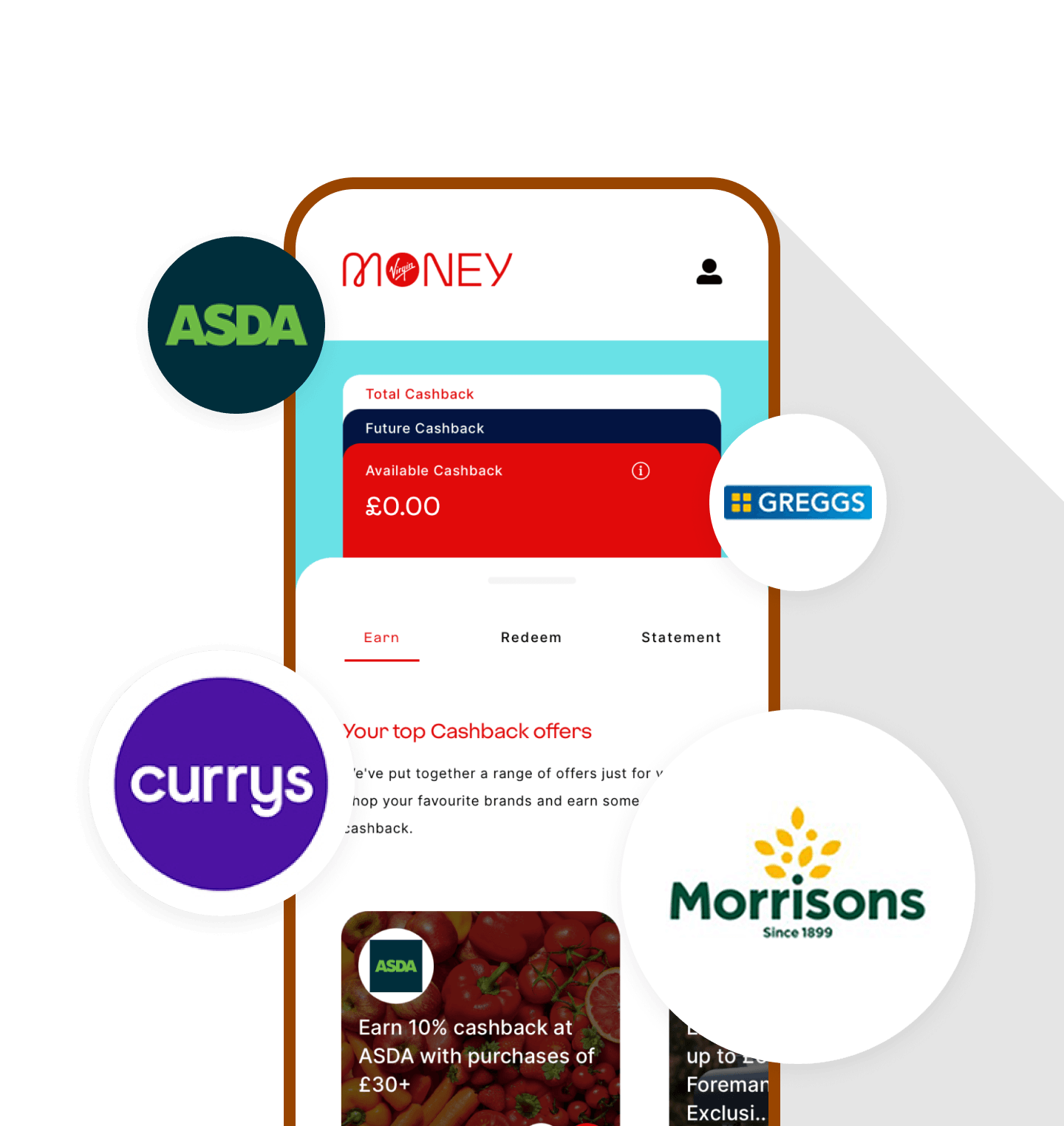The cashback page in the Virgin Money Credit Card app is open on a phone. Example cashback brands include Asda, Currys, Greggs and Morrisons.