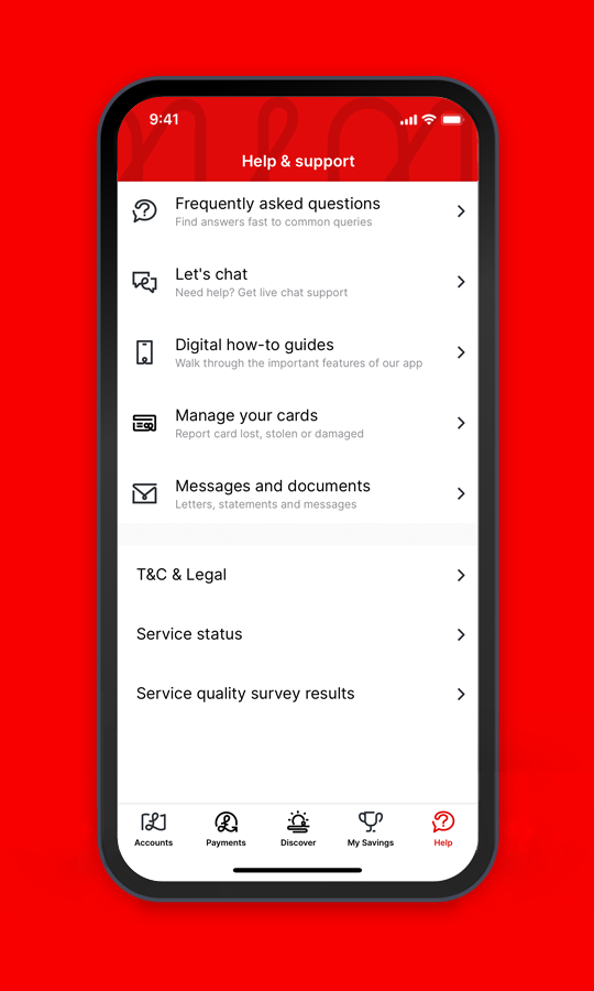 Virgin Money banking app: the contact us section.
