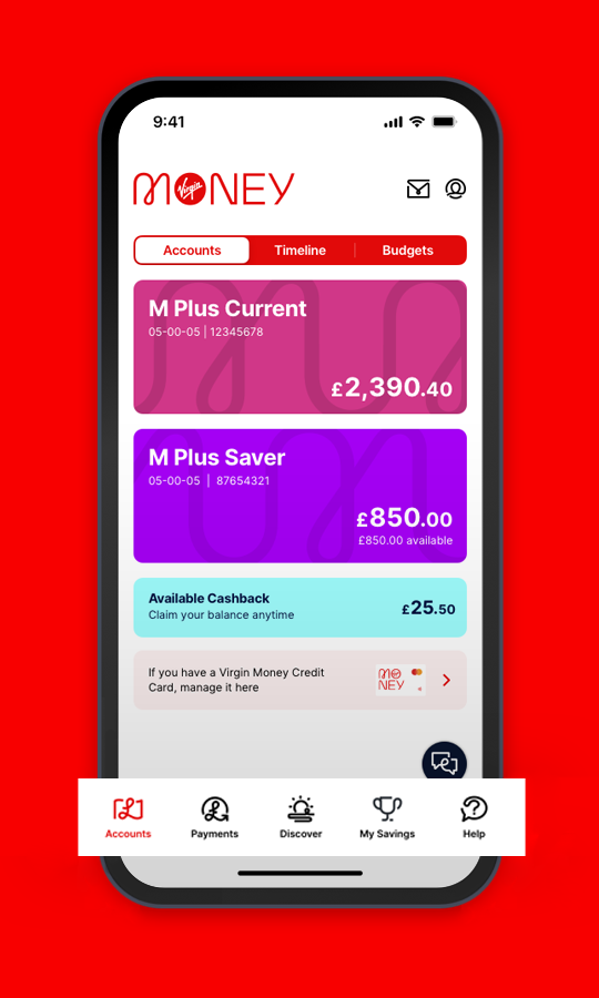 Virgin Money banking app: homescreen
