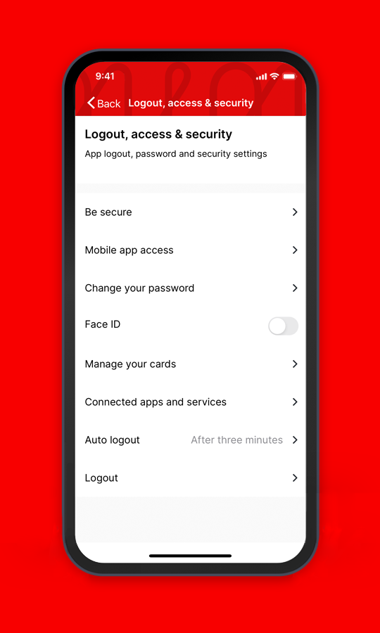 Virgin Money banking app: the logout, access and security section.