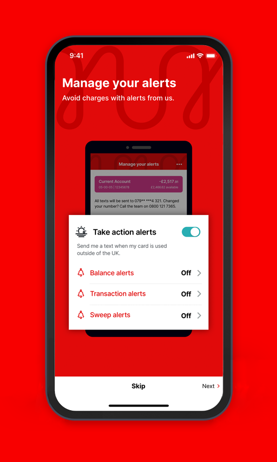 Virgin Money banking app: the manage your alerts section.