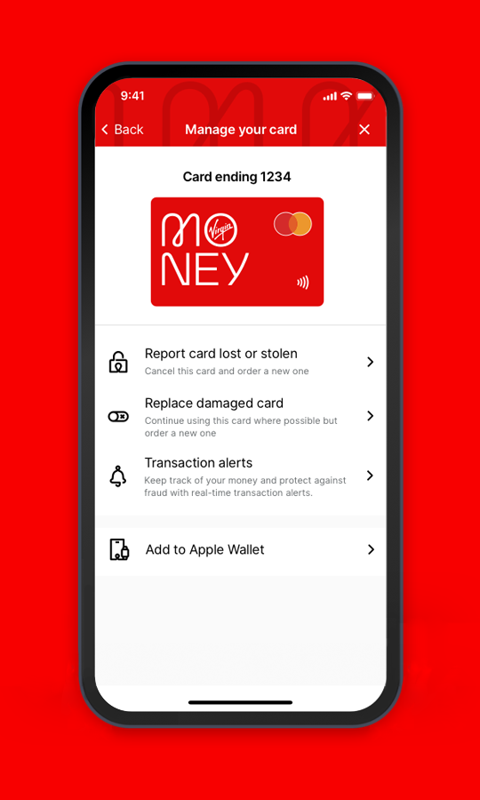 Virgin Money banking app: the manage your card section.
