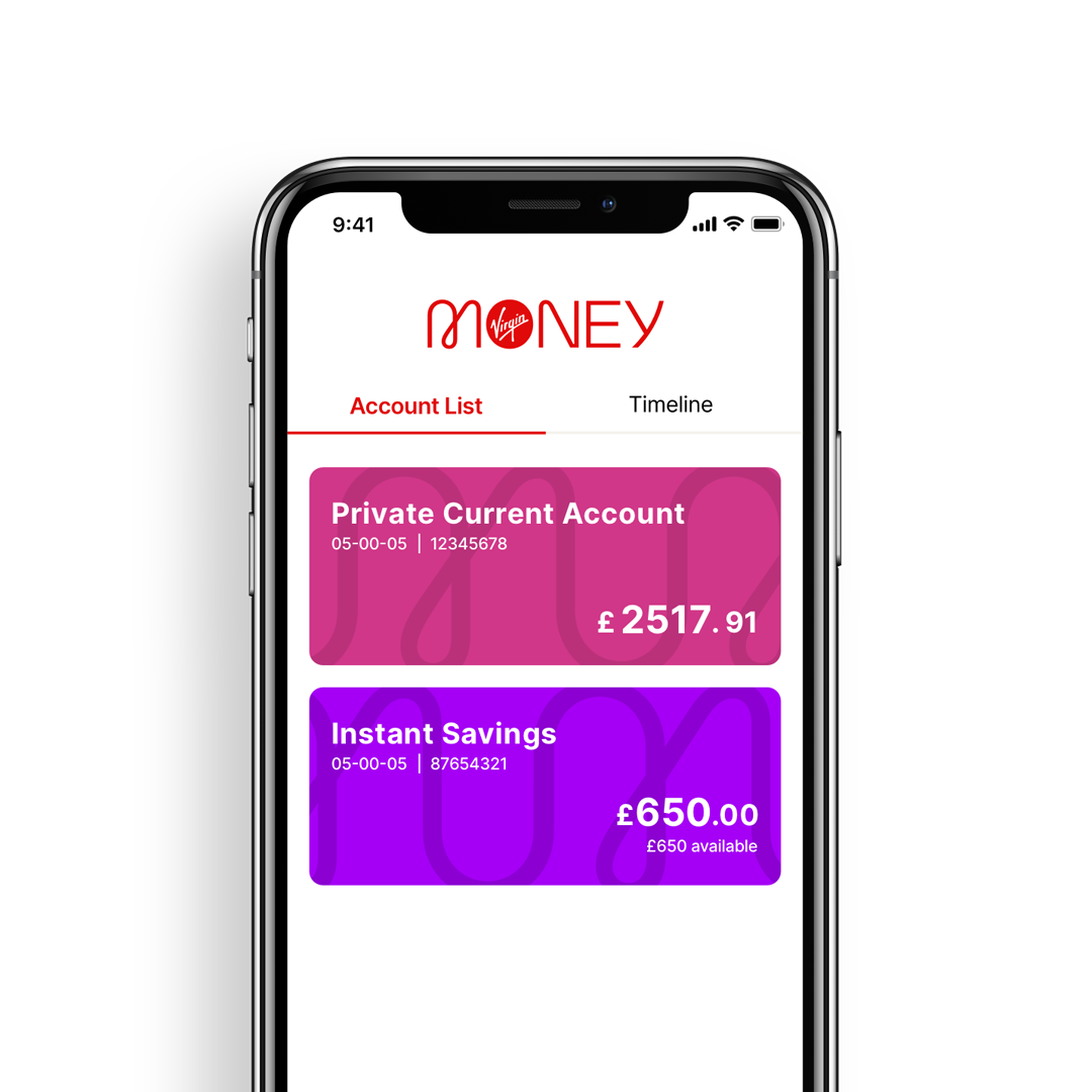 The Virgin Money banking app: private banking account and instant savings account screen.