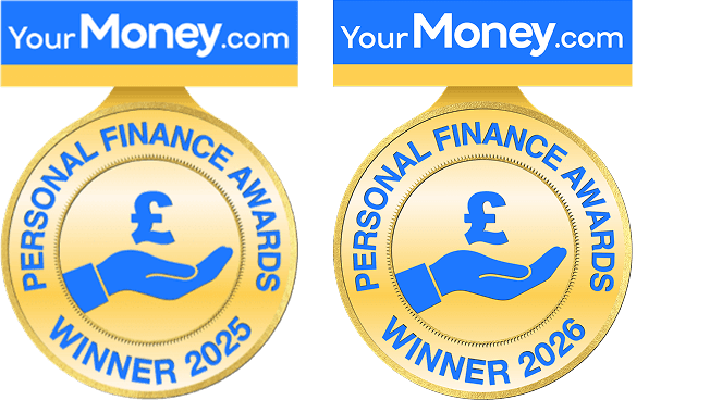 Award badges for the YourMoney.com Personal Finance Awards. Winner of the Best Credit Card Provider 2025 and 2026.