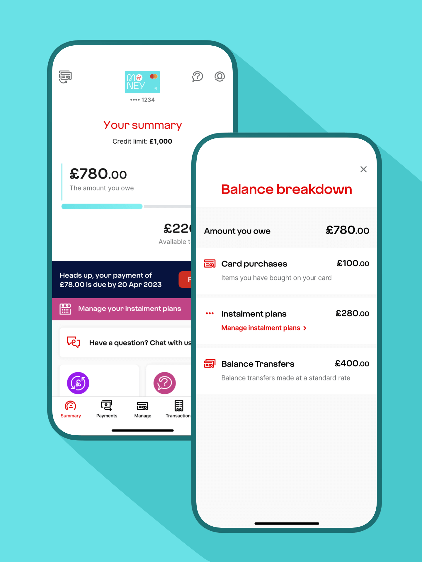 A smartphone displaying the balance breakdown features of the Virgin Money Credit Card app