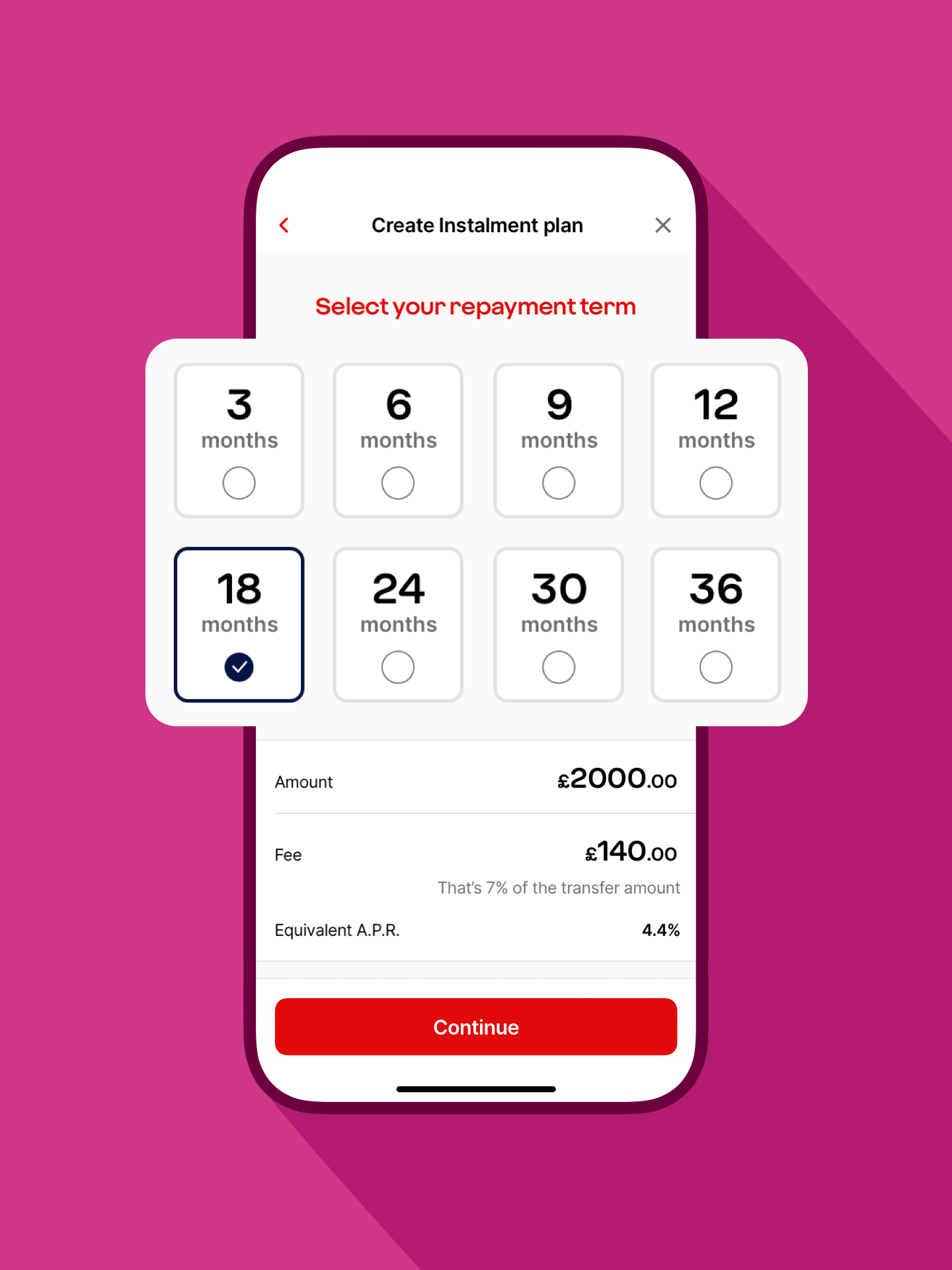 A smartphone showing an instalment plan on the Virgin Money Credit Card app