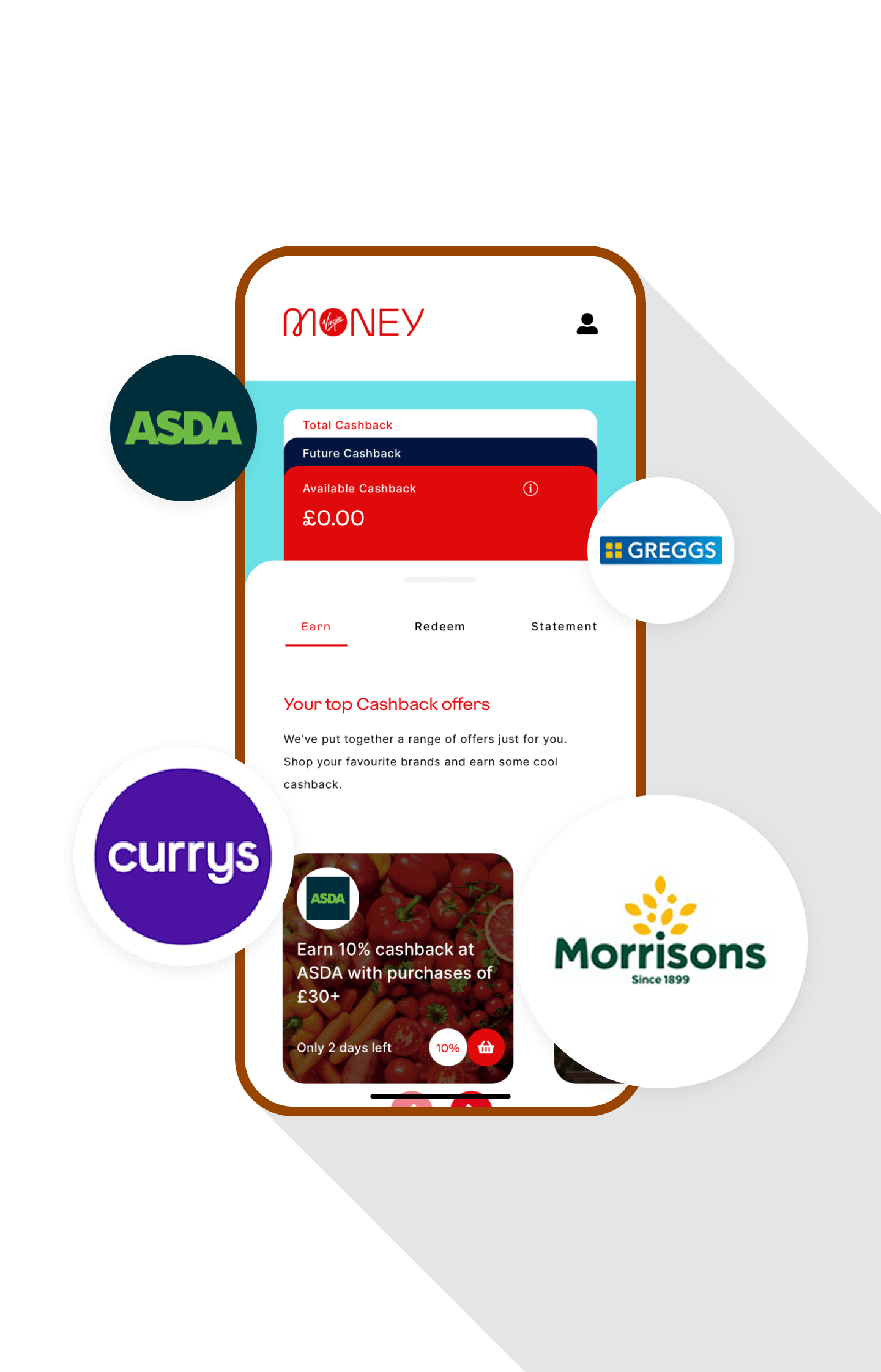 The Cashback page in the Virgin Money Credit Card app is open on a phone. Example cashback brands include Asda, Currys, Greggs and Morrisons.