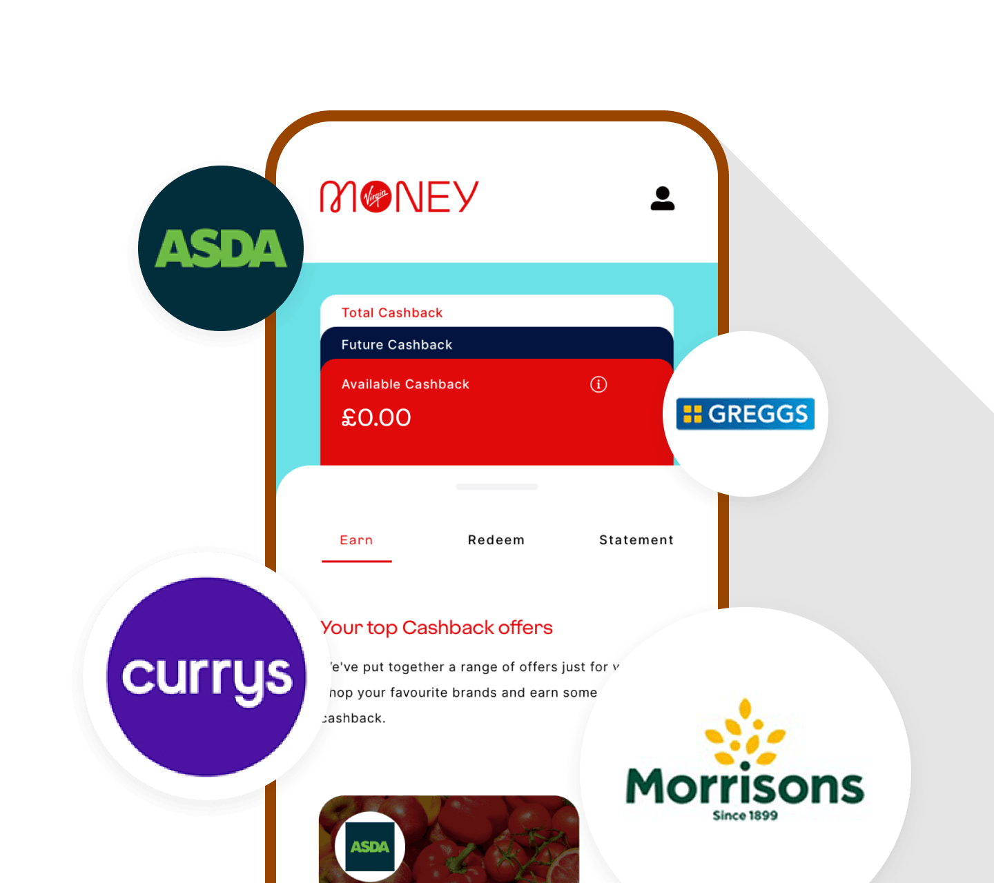 The Cashback page in the Virgin Money Credit Card app is open on a phone. Example cashback brands include Asda, Currys, Greggs and Morrisons.