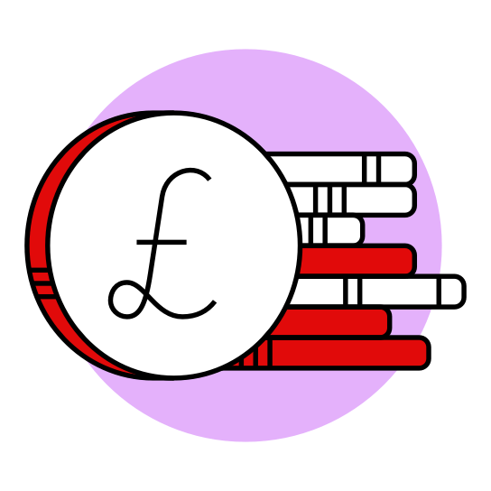 Illustration of a pound coin over the top of a stack of books on a circular light purple background