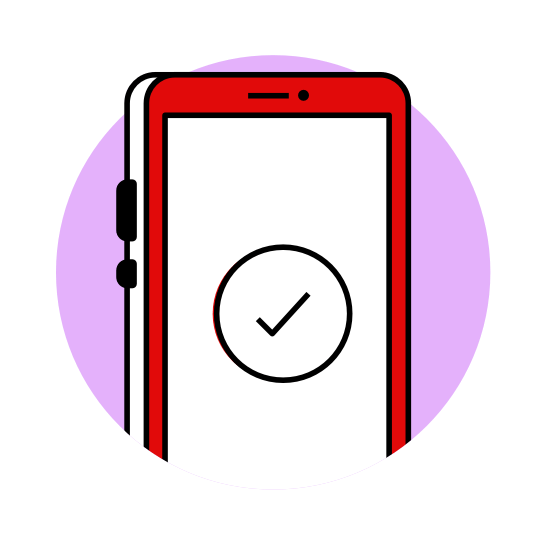 Illustration of a smartphone with a checkmark on the screen confirming sign up on a circular light purple background