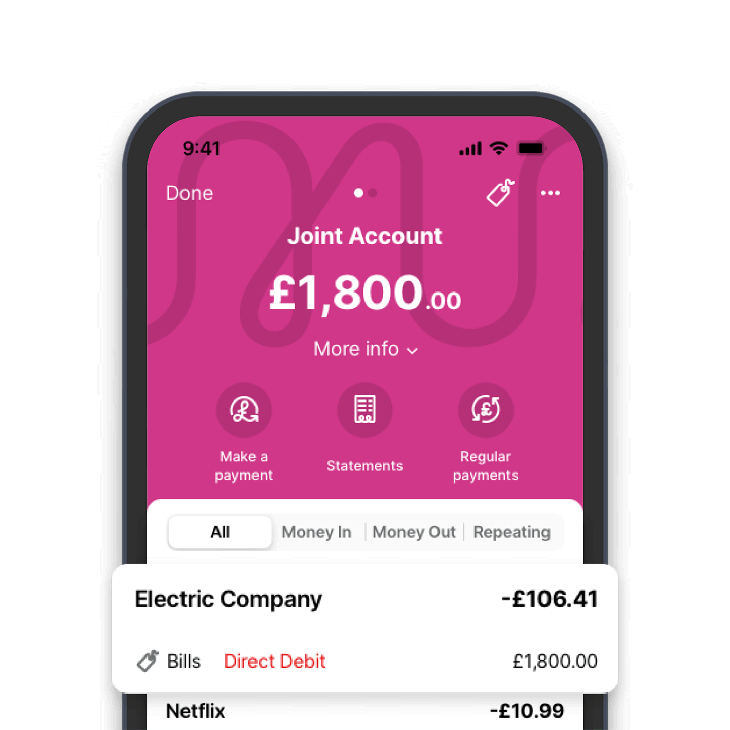 A phone with the app on it, showing a Joint account with a balance of £1,800. Beneath are two transactions - Electric company, bills - direct debit, minus £106.41, and Netflix, £10.99. 