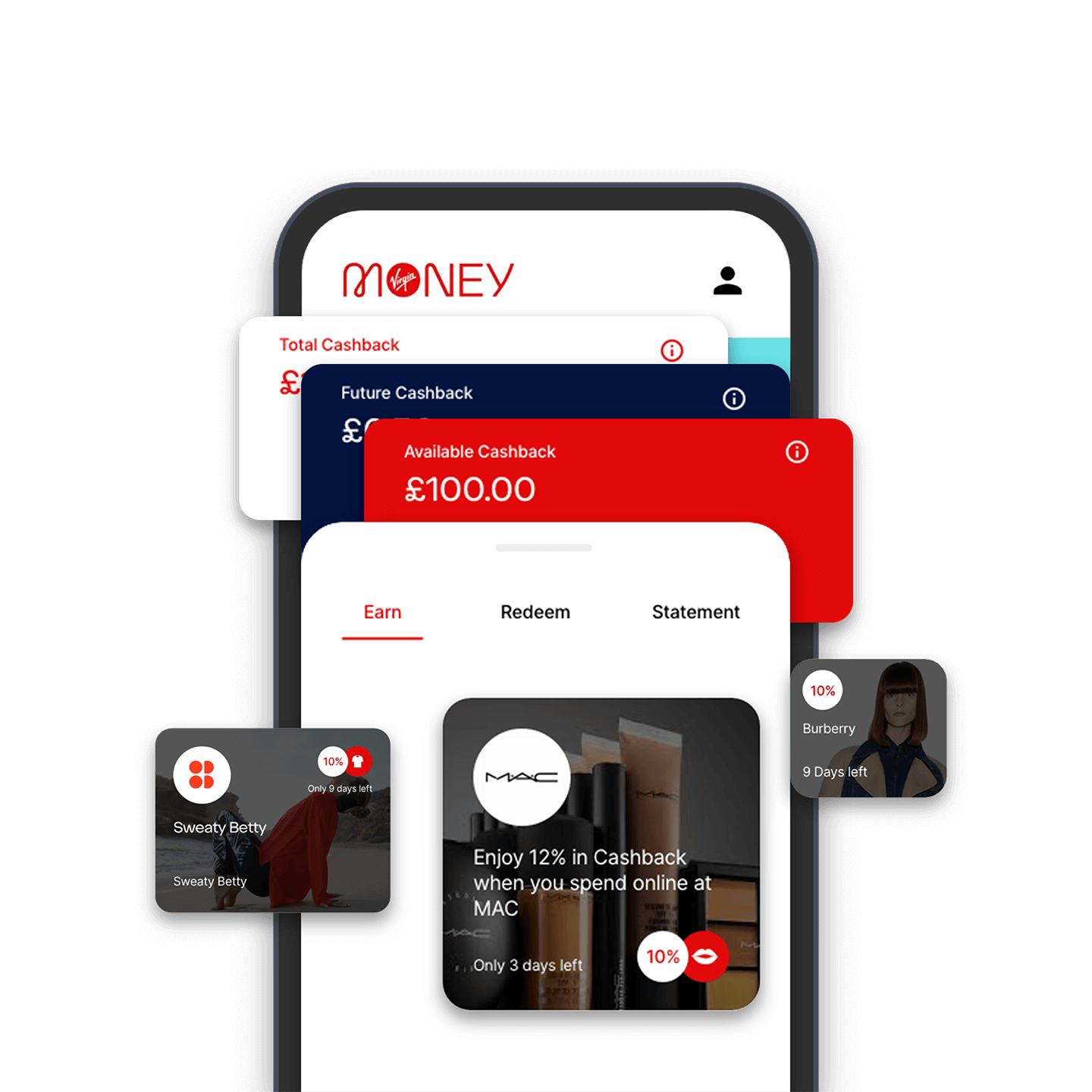 A mobile phone gives a snapshot of how cashback works in the app. Total cashback, future cashback and available cashback. There are three example cashback offers.