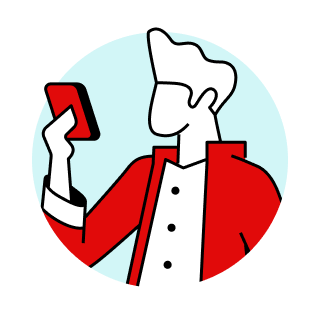 Illustration of man on red phone with a red jacket on a light blue circular background