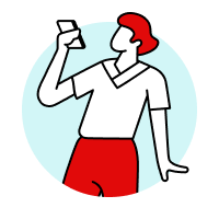 Illustration of a person with red hair and red trousers taking photo of their face with their camera phone on a light blue circular background