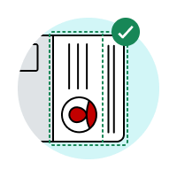 Illustration of identification document with a green tick in the right corner on a light blue circular background