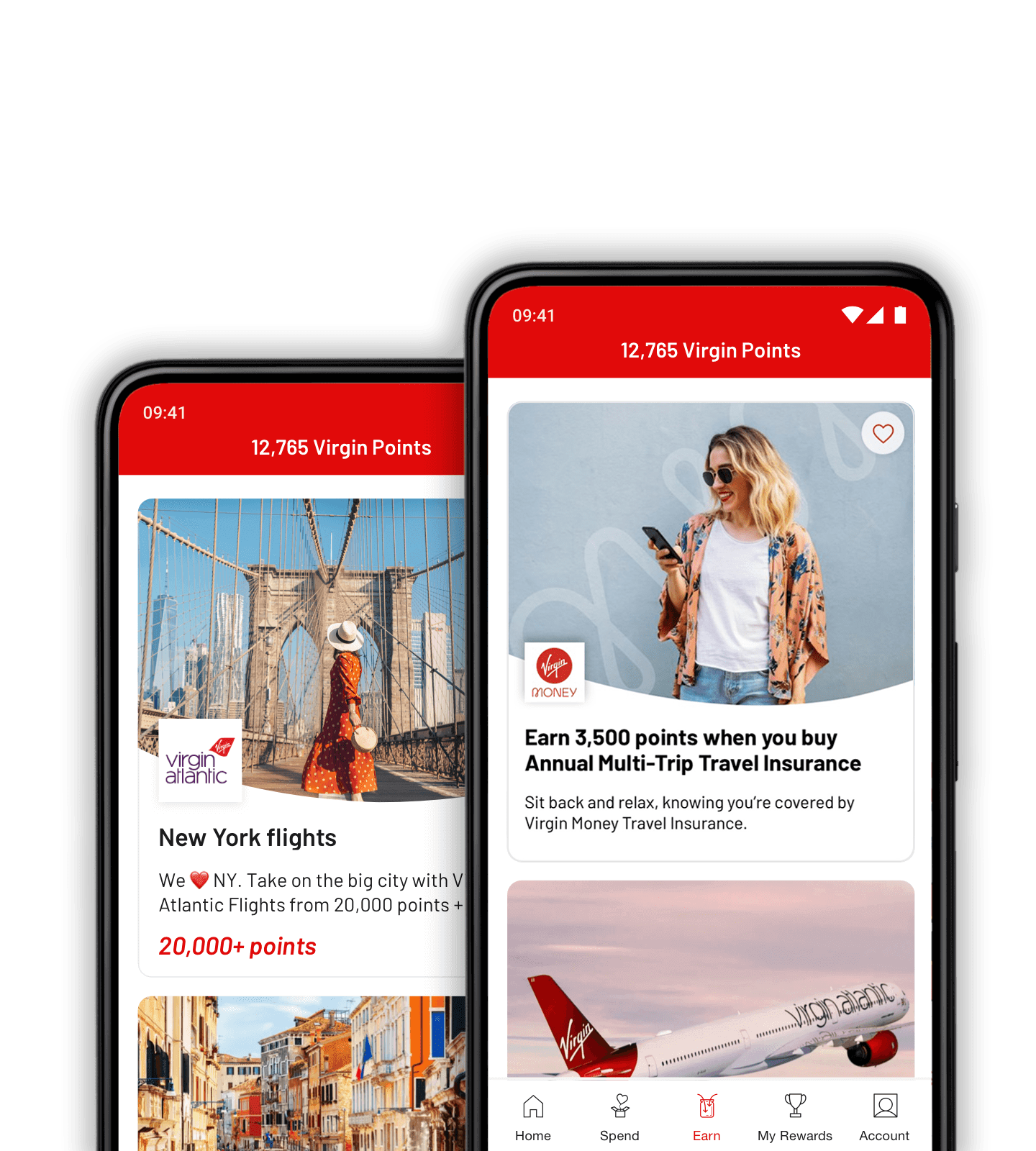 Two phones showing Virgin Red rewards which say "new york flights, we heart NY take on the big city with virgin atlantic flights from 20,000 points +" and "Earn 35,00 points when you buys annual multi-trip travel insurance, sit back and relax, knowing you're covered by virgin money travel insurance".